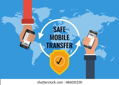 Vector flat design concept of safe mobile money transfer. Two hands with mobile on a background map of the world. Use for online banking and mobile quick payment