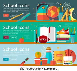 Vector flat design concepts of education. Horizontal banners with school items. Back to school concepts for web and promotional materials. Education school icons set. 