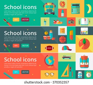 Vector flat design concepts of education. Horizontal banners with school items. Back to school concepts for web and promotional materials. Big vector education icons set.