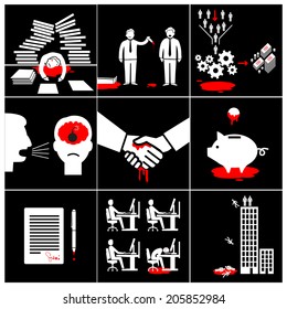 vector flat design conceptual bloody business icons and illustrations set of depression, stress and pressure adverse impacts on people | white and red pictograms isolated on black background