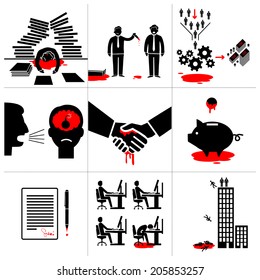 vector flat design conceptual bloody business icons and illustrations set of depression, stress and pressure adverse impacts on people | black and red pictograms isolated on white background