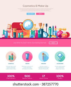 Vector flat design cosmetics, make up website template with header, banner, icons webdesign elements 