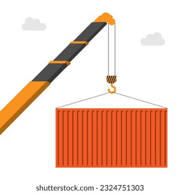Vector flat design of crane lifting container box white background and cloud, cargo and logistic related concept, editable shape object copy space for text and design