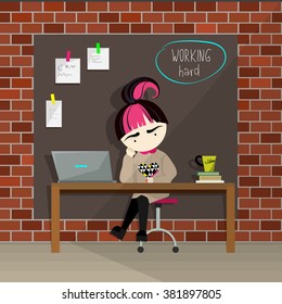 Vector flat design creative concept illustration of office work. Young cartoon girl sitting at the desk, got pencil in her hand, looking in laptop, "working hard" inscription.
