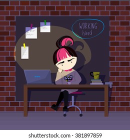 Vector flat design creative concept illustration of office work. Young cartoon girl sitting at the desk, got pen in hand, looking in laptop, laptop is lightening the room, "working late" inscription.