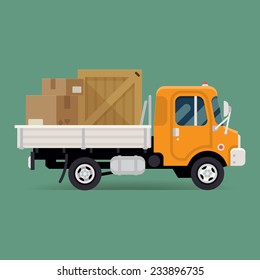 Vector flat design creative transportation icon featuring small size open body cargo truck loaded with cardboard and wooden containers, side view | Logistics and delivery vehicle trendy style icon