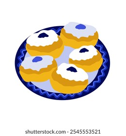 Vector flat design of donuts on a platter for Happy Hanukkah. Traditional Hanukkah dish sweet soufganiot