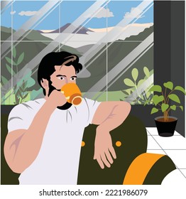vector flat design drinking coffee with the concept of a man sitting relaxed and enjoying coffee. suitable for illustration, wallpaper, pamphlet background etc