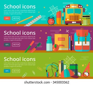 Vector flat design of education concepts. Horizontal banners with school objects. Back to school background for web and promotional materials. Education school icons set. 