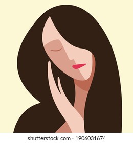 vector flat design elegant isolated illustration of woman tilting her head to one side with hand at face on light background. can be used to advertise cosmetology procedures, cosmetology rooms.