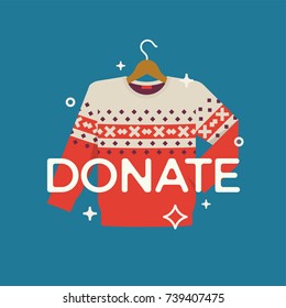 Vector flat design element on 'Donate Clothes' charity activity. Ideal for social media publications, clothes donation themed web and graphic design