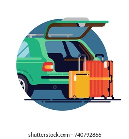 Vectorflaches Design-Element auf Reisen mit dem Auto. Gepäckträger-Konzept-Design mit Kombi-Wagen mit offener Kofferablage und Anzügen. Autokanal mit Urlaubssandkästen