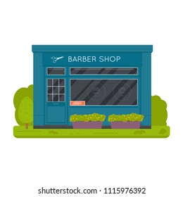 Vector flat design exterior and  barber shop facade. Store front window buildings icon isolated on white background.