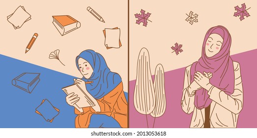 Vector Flat Design Female Character With Hijab. Can be used for social media covers, banner ads, flyers, invitation cards 3