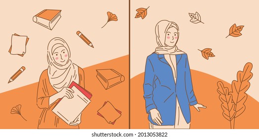 Vector Flat Design Female Character With Hijab. Can be used for social media covers, banner ads, flyers, invitation cards 4