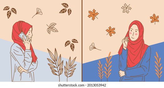 Vector Flat Design Female Character With Hijab. Can be used for social media covers, banner ads, flyers, invitation cards 2