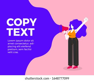 Vector flat design of a feminist woman with a megaphone and copy space on the left