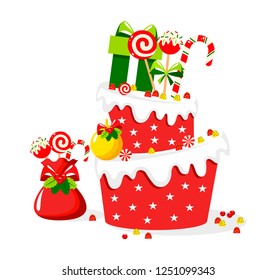 Vector flat design of festive cake, gifts and candies for happy new year and a merry christmas holiday weekend. 
Vector illustration for greeting card/poster/banner template.