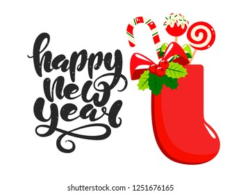 Vector flat design of a festive sock with candies and lollipops for new year and a merry christmas holiday weekend. Vector illustration of Happy New Year lettering for greeting card/poster/banner.