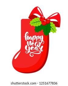 Vector flat design of a festive sock with red ribbon for new year and a merry christmas holiday weekend. Vector illustration of Happy New Year lettering for greeting card/poster/banner.