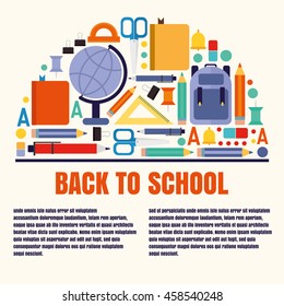 vector flat design flyer back to school. Icons for infographics. backpack, books, notebooks, pens, ruler, protractor, pencil school supplies. for web and graphics cards