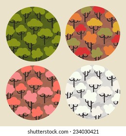 Vector flat design four seasons trees, circle icons | Spring, summer, autumn (fall) and winter cartoon trees icons