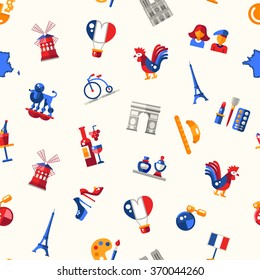 Vector flat design France travel seamless pattern  with icons and infographics elements, with landmarks and famous French symbols 
