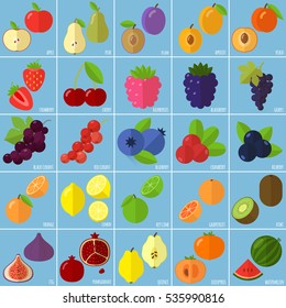 Vector flat design fruits and berries icon set.