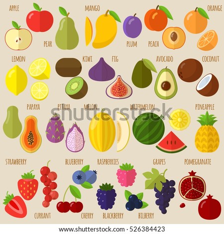 Vector flat design fruits and berries icon set.