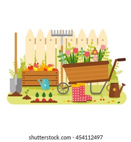 vector flat design, gardening. wagon with flowers, watering can, shovel, rake, fruit. country site