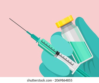 vector flat design geometric stylized illustration of a doctor's hand holding a syringe with covid-19 vaccine on a pastel background. all elements are isolated. background can be removed. vaccination