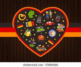 Vector flat design Germany travel heart postcard template with icons and infographics elements of famous German symbols 