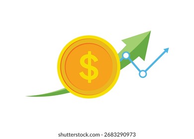 vetor plana design moeda de ouro com seta para cima, crescimento de lucro de investimento, 2d design plano isolado