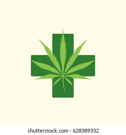 Vector Flat Design Green Colored Medical Marijuana Therapy Leaf Green Cross Sign Illustration Icon