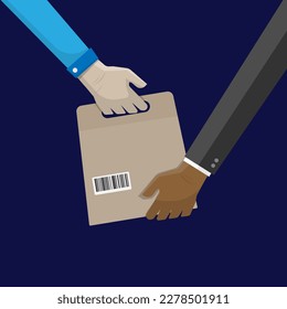 Vector flat design of hand delivery bag package, bar code, new shopping and sale style, online order and delivery service concept, 4000x4000 pixel of artboard dark blue background color