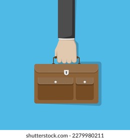 Vector flat design of hand holding brown briefcase on the blue background, business and career portfolio concept, copy space for individual text, 4000x4000 pixel of artboard