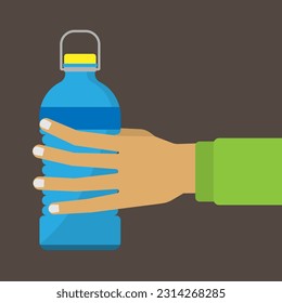 Vector flat design of hand holding bottle of water on the dark background, fitness exercise and drinking pure water for healthcare concept, editable object shape copy space for individual text