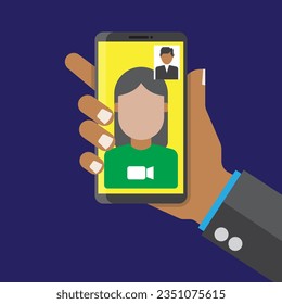 Vector flat design of hand holding smartphone and video call on the dark blue background, online communication and live call concept, editable object and shape, 4000x4000 pixel of artboard