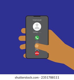 Vector flat design of hand holding smartphone and slide for answer, online discussing dark blue background, communication and discussion concept, editable object and shape, 4000x4000 pixel of artboard