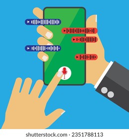 Vector flat design of hand holding smartphone and tap for record voice messenger, sound communication and voicemail concept, editable object and shape, 4000x4000 pixel of artboard