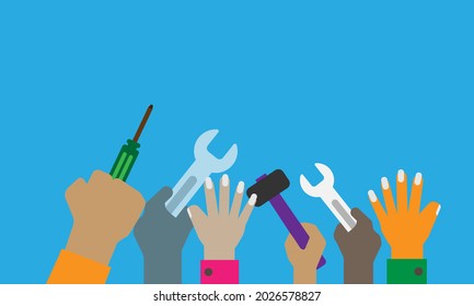 Vector flat design of hand and technic tool, team work and repairing concept, copy space and blue background