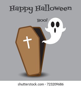 Vector Flat Design Happy Halloween Of A White Ghost With Black Eyes And Mouth Is Floating Out From An Opened Coffin Saying Boo! On Gray Background For Cute & Fun Cartoon Invitation Card / Illustration