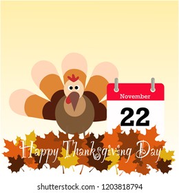 Vector flat design of Happy Thanksgiving Day with calendar and turkey chicken cartoon on beautiful maple leaves background in autumn.