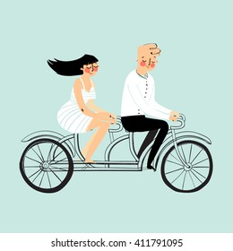 Vector flat design happy young man and woman characters couple riding tandem bicycle isolated