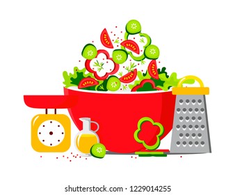 Vector flat design of healthy salad for greeting card/poster/banner template.