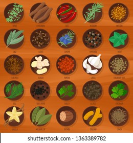 Vector flat design herbs and spices icon set.