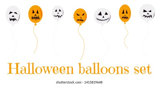 Vector flat design holiday illustration. Halloween set of colorful balloons white and orange with scary faces for banner, poster, greeting card or party invitation isolated on white background.