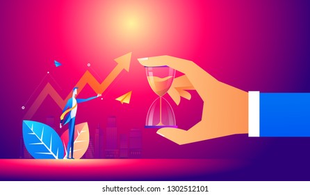 Vector flat design. Horizontal layout. Business man looking at chart going up and looking for hourglass.Time and working management