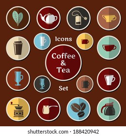 Vector flat design icon set of coffee and tea icons, for shops, cafe, infographics, instructions, receipts, packages web and mobile applications, etc.