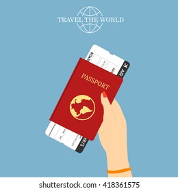 Vector flat design icon travel and tourism red passport with boarding pass airline ticket in woman hand. Vector illustration passport with tickets. Holiday and vacation concept.